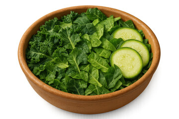 Obraz premium Fresh mixed green salad with cucumber slices in bowl, isolated on transparent background