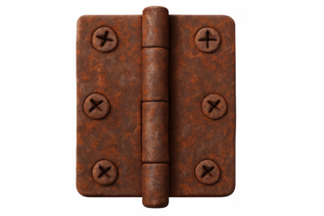 Rusty hinge with screws on transparent background