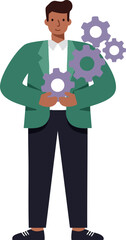 Man holding purple gears symbolizing teamwork and technology concept with green jacket and black pants vector illustration