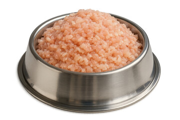 Fresh ground chicken for pet food in a metal bowl, transparent background.