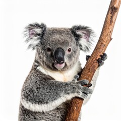 Fototapeta premium Cute Gray Koala Climbing on a Brown Branch Isolated on White Background