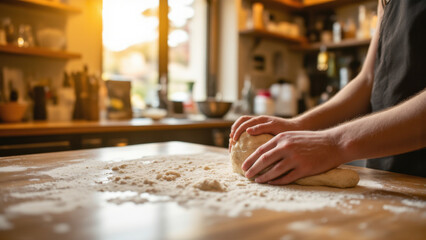 Hands kneading dough on a floured wooden surface. Warm, natural light illuminates the scene. Focus is on the hands and dough, with a blurred background of a kitchen.