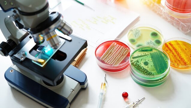 Laboratory microscope with colorful petri dishes in a bright scientific workspace. Medical and research theme. Generative AI.