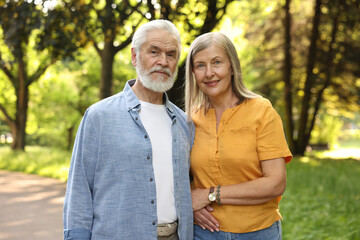 Lovely senior couple walking together in park