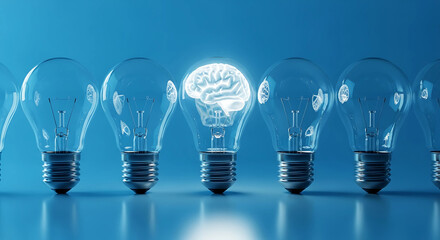 A glowing brain inside a lightbulb stands out among a row of lightbulbs, symbolizing innovative ideas and creative intelligence