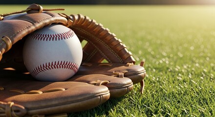 Baseball and Leather Glove on Grass Field