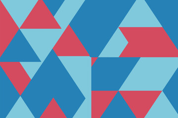 Geometric design features triangles in red, light blue, and dark blue.