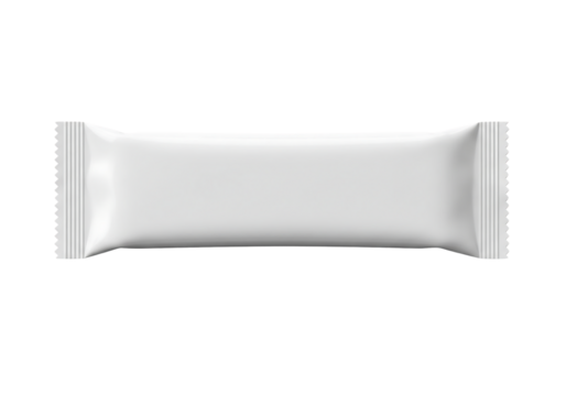 White blank flow pack wrapper mockup for a chocolate bar, candy, or snack food. Isolated on transparent background, png