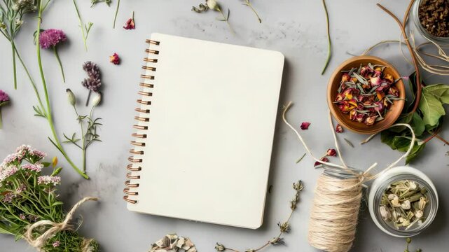 Dried herbs and flowers arrangement on a notebook