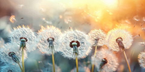 Dandelion Seedheads in Golden Sunlight on Summer Field