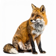 Fototapeta premium Portrait of a Red Fox Sitting Against White Background Covered in Snow