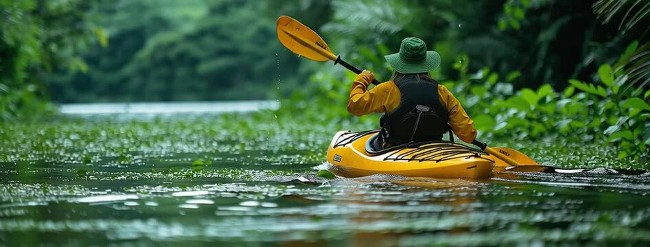wide cover background video of a man padding a kayak on lake water 