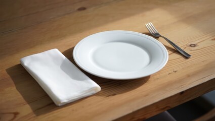 Close-up of a minimal wooden table setting with white plate, fork, and napkin. Generative AI.