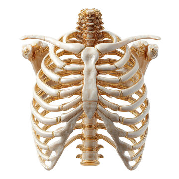 Anatomical human rib cage skeleton with golden accents, isolated on a clean transparent background