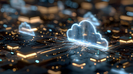 Technology collage featuring AI, cloud computing, and digital transformation elements, glowing circuit board aesthetic with data visualizations --ar 16:9