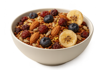Colorful healthy trail mix in bowl, isolated on transparent background.