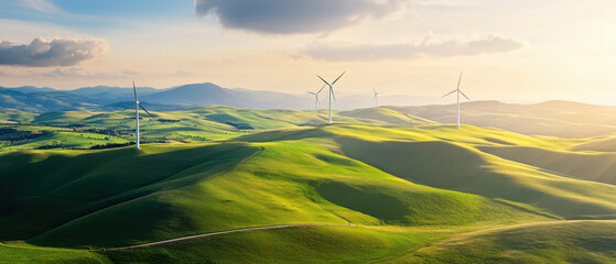 Wind Turbines on Rolling Green Hills – Clean Energy Landscape at Golden Hour