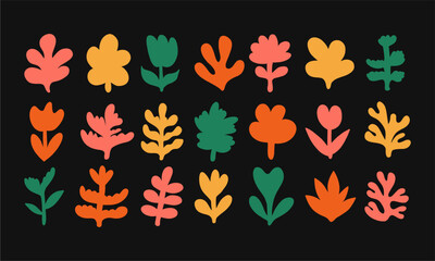 Big set of different abstract plants. Hand drawn doodles. Modern fashion illustration. Flat design, cartoon drawing, vector.