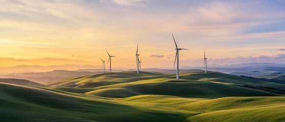 Wind Turbines on Rolling Green Hills – Clean Energy Landscape at Golden Hour