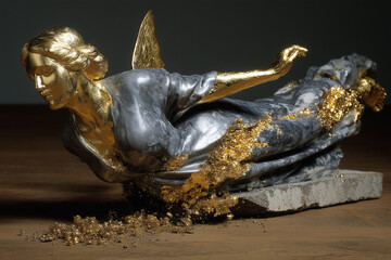Golden and Gray Marble Angel Sculpture with Gold Dust, Surreal Fantasy Art on Wooden Surface