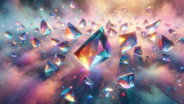 Abstract floating crystals and bright gems reflect light like a rainbow prism, creating a dreamy, surreal, and futuristic space full of magic and wonder. Generative AI