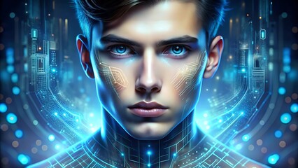 A futuristic man with glowing blue eyes and digital circuits