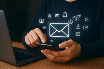 Close-up hands holding smartphone with digital email icons on desk featuring laptop, futuristic communication concept for professional tech-savvy workspace