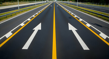Directional Road Ahead With Arrows Guiding Traffic Forward On Highway