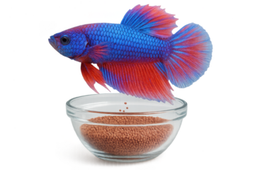 Beautiful Siamese fighting fish and bowl of fish food on transparent background