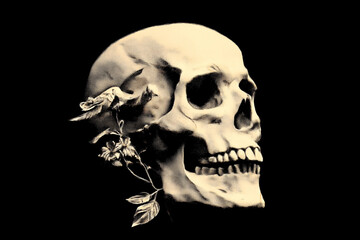 Fototapeta premium Human Skull with Flower and Bird, Vintage Stipple Effect, Black Background Artistic Illustration