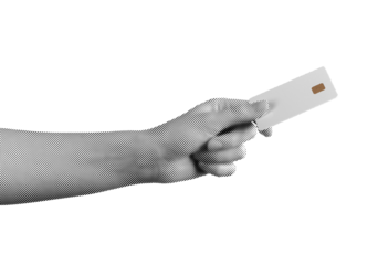 Cashless concept. Card in grip, finger hold, chip highlighted, salary transfer, commerce, revenue,