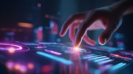 Hand interacting with futuristic touch screen. Holographic display with glowing elements for cutting-edge experience. Neon lights illuminate the scene