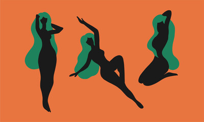 Vector illustration, boho sacred magical woman. Flat holistic healing meditation. Modern abstract black silhouette of girl.	