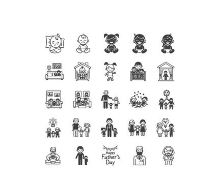 Family & Childhood Line Icons: Babies, Kids, Home & Father's Day