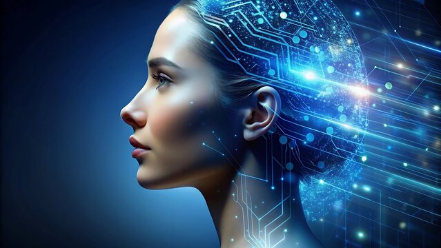 Womans profile with digital circuits in her head