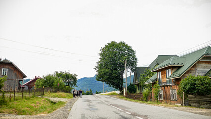 children teenagers walking along a wide road, countryside, houses, village, trees, tourists, walk,...