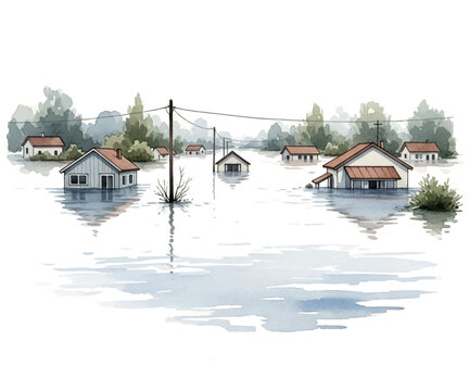 Flooded residential area, with houses partially submerged in rising waters vector illustration in watercolor style. Natural disaster and environmental impact of flood. Suitable for climate change conc
