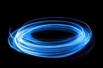 Light trails form a swirling, luminous blue ring on a black background