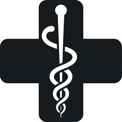 Fototapeta premium Medical Cross Symbol with Caduceus Staff in White on Black Background Healthcare and Medicine Concept Isolated Vector Illustration Logo Design