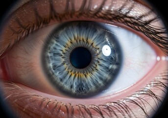 Extreme Close-Up of Human Eye with Blue Iris Featuring Radiating Yellow Streaks and Light Reflection – Macro Photography of Eyelashes, Skin Texture, and Detailed Eye Anatomy