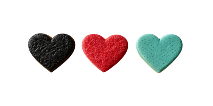 Three textured heart shapes in black red and teal isolated on transparent background - Powered by Adobe
