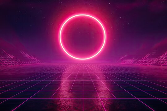 Neon pink circle portal in a gridded, futuristic landscape
