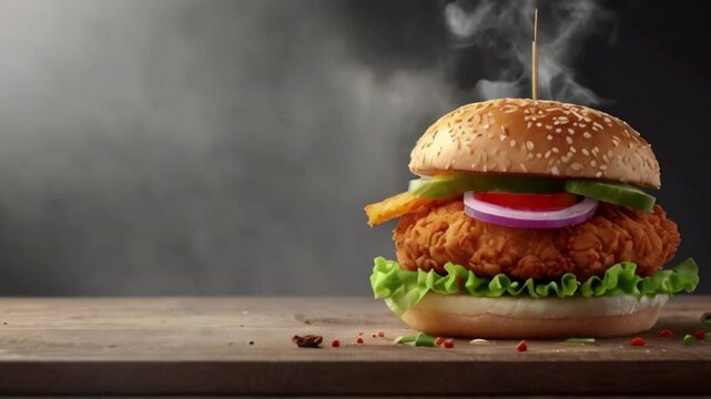 fresh crispy fried chicken burger sandwich with flying ingredients and spices hot ready to serve and eat food commercial advertisement created with generative ai	
