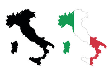Outline and flag map of italy showing its distinctive boot shape and islands