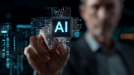 A man interacts with a glowing ai chip, symbolizing artificial intelligence