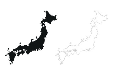 Black and white maps of japan showing country outline and silhouette