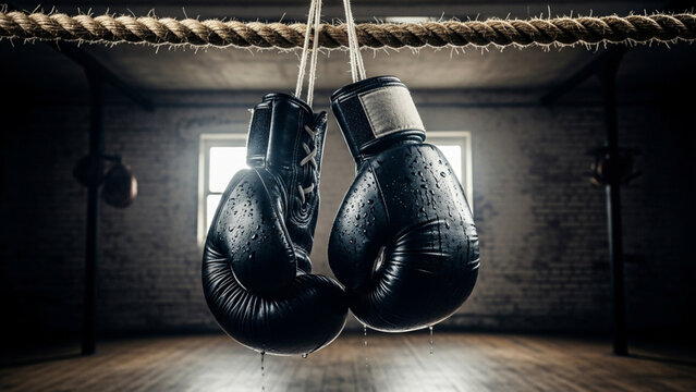 Wet boxing gloves hanging in a boxing ring