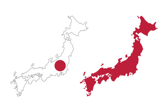 Outline and solid map of japan with the japanese flag symbol