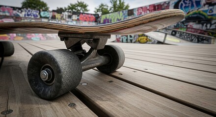 Fototapeta premium Closeup of a Skateboard on Wooden Surface