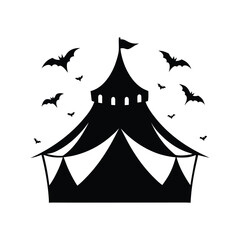 Haunted carnival tent with bats flying above Halloween silhouette Vector illustration